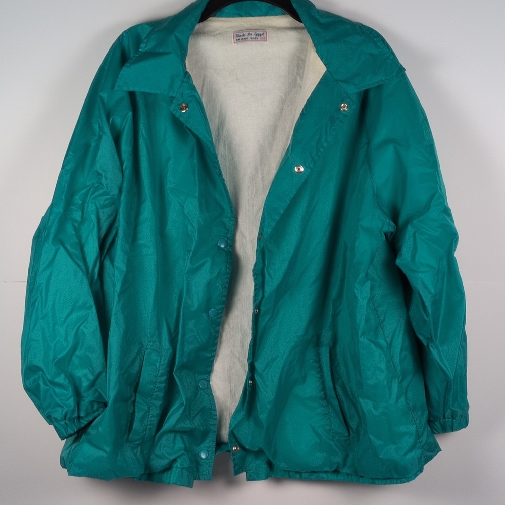 Vtg 70s 80s Teal Green Nylon Coach Jacket Windbreaker Snap Front L Made in Egypt